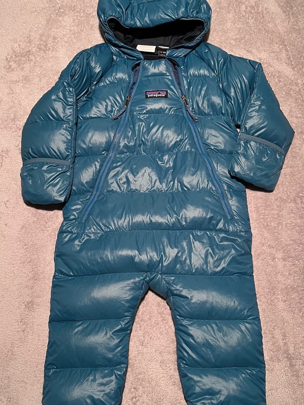 EUC 12-18M Patagonia Infant Hooded Hi-Loft Down Sweater Bunting in Blue